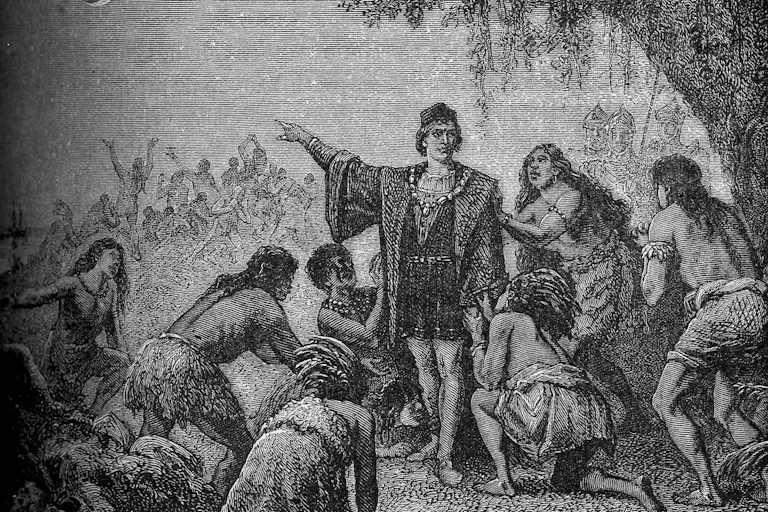 Ilustración del siglo XIX que representa a Colón señalando un eclipse lunar a la población nativa en Jamaica.
