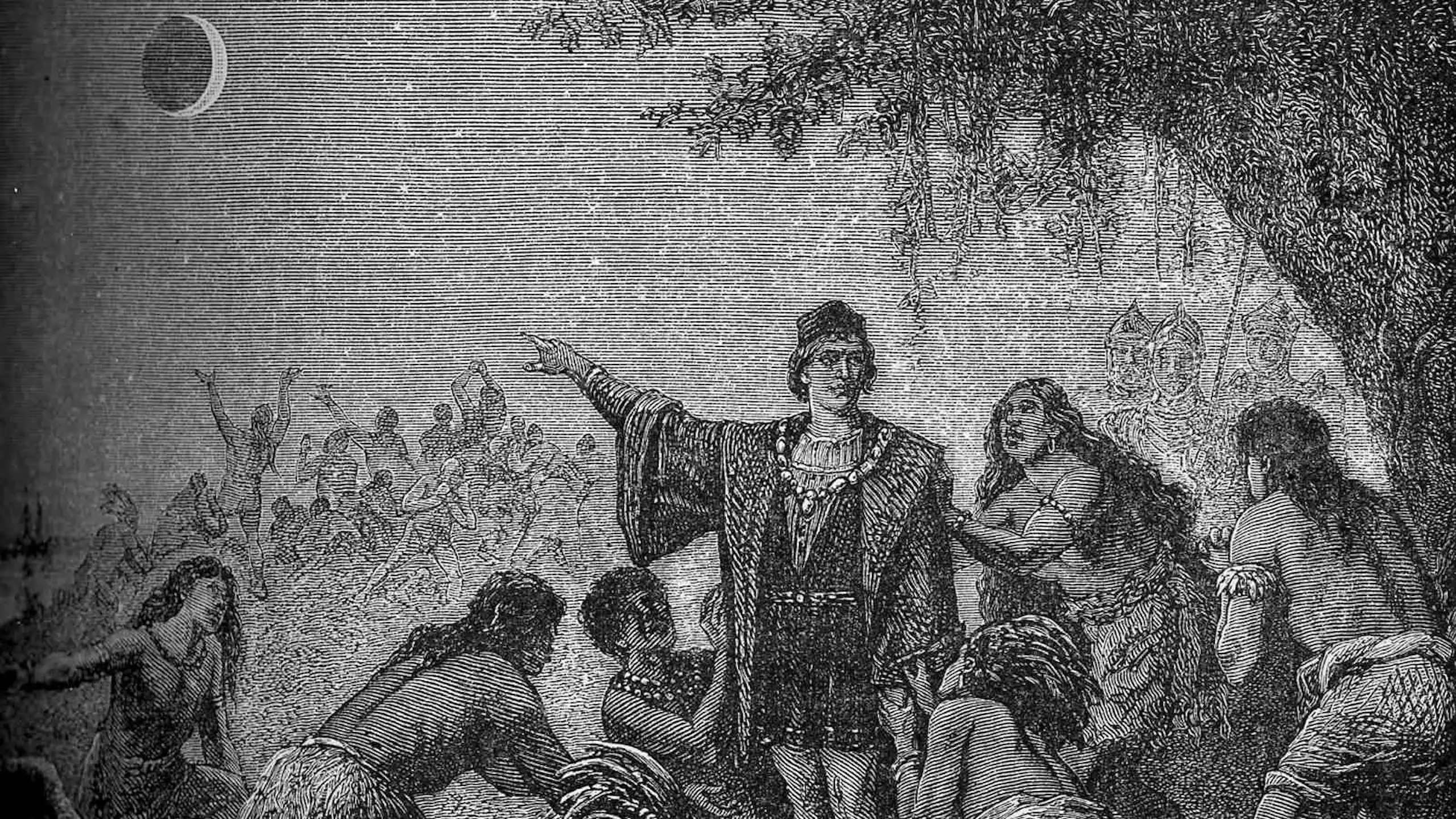 Ilustración del siglo XIX que representa a Colón señalando un eclipse lunar a la población nativa en Jamaica.