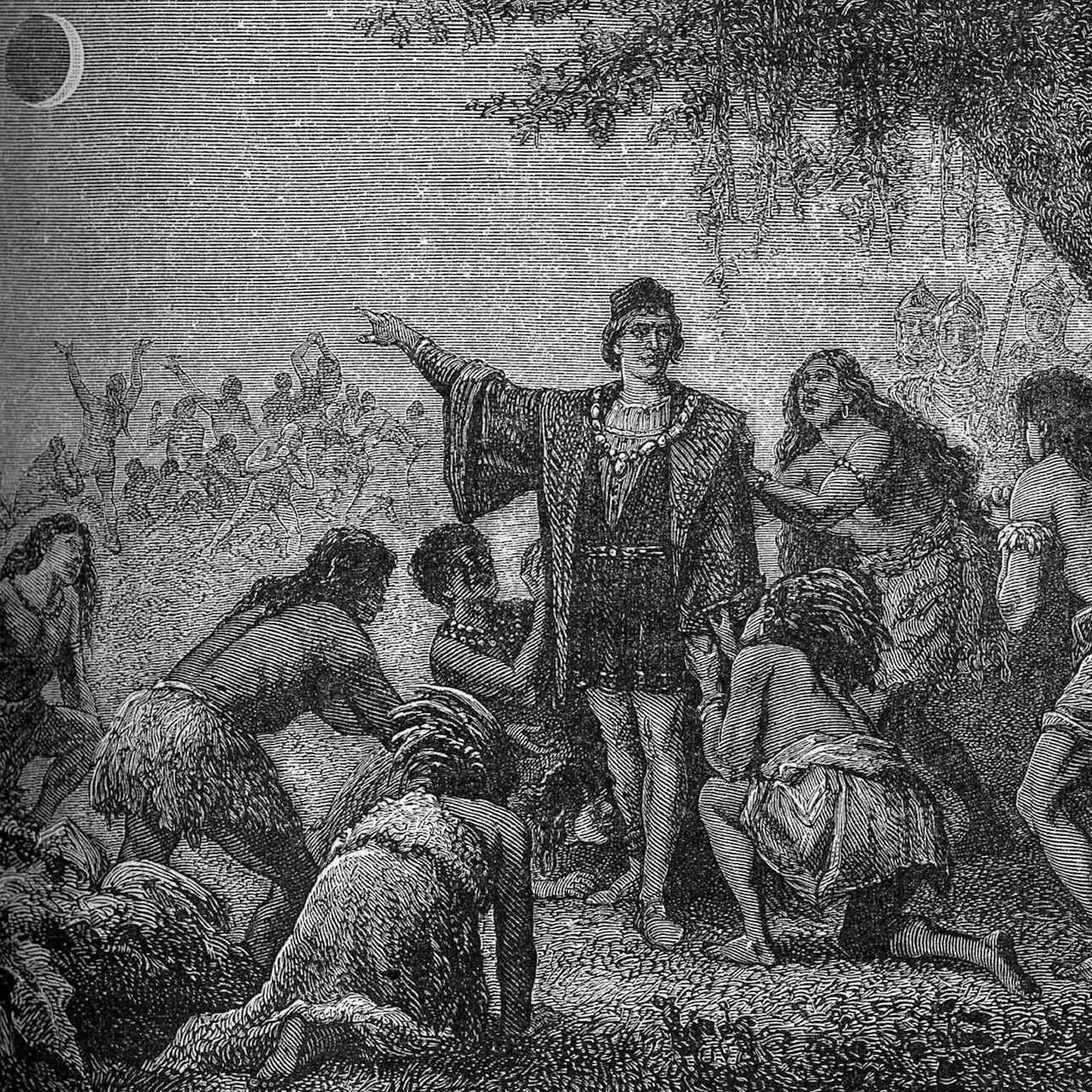 Ilustración del siglo XIX que representa a Colón señalando un eclipse lunar a la población nativa en Jamaica.