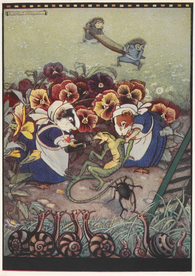 Hedgehogs playing as part of the illustrations for Alice in Wonderland