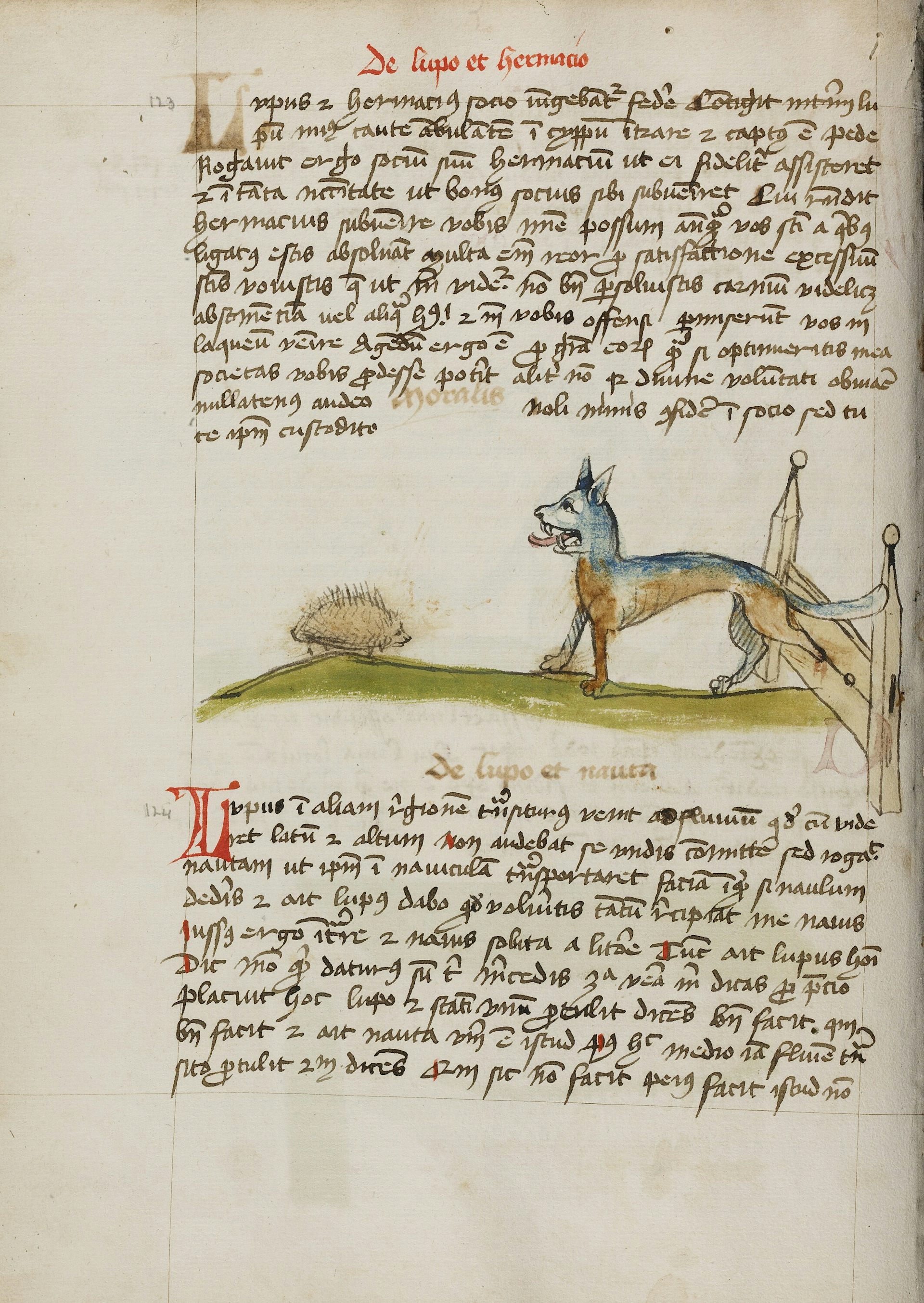An illustrated text page and an image of a hedgehog and a wolf.