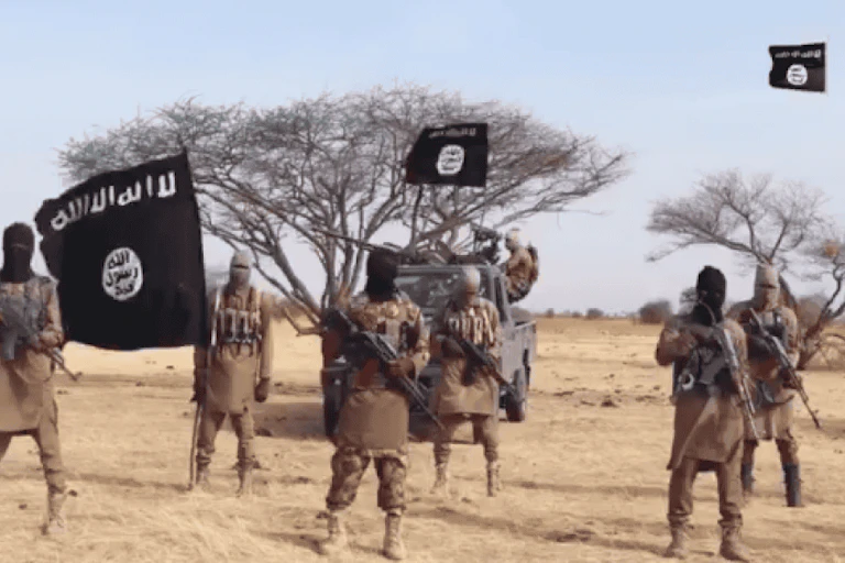 Djihadistes brandissant les drapeaux aux couleurs de l'EI.