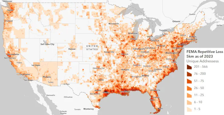 A map showing lots of repetitive loss properties along the Gulf and Atlantic coasts, but also in inland river valleys.