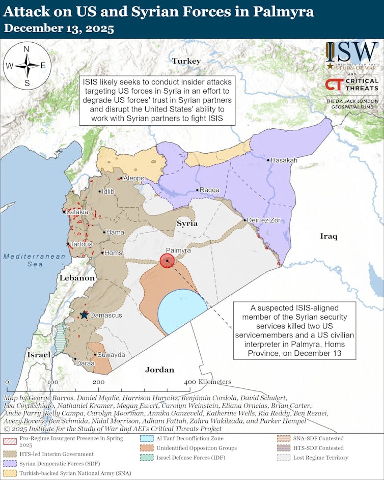 A map showing control of terrain by Syria's major combat forces.