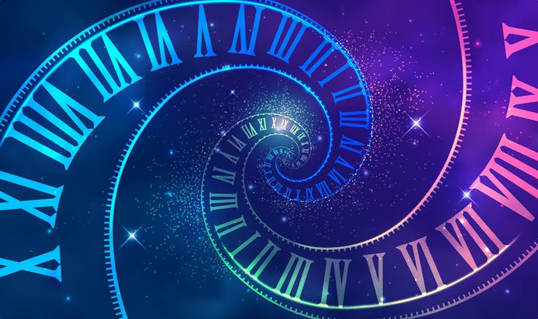 Roman numerals swirling in spirals in purples and blues