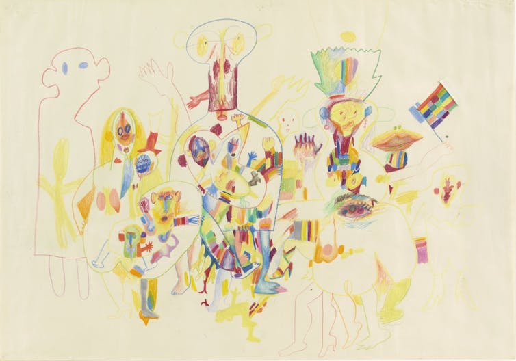 Pintura de dibujos y figuras muy colorida.