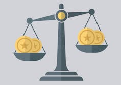 Illustration of balance scales with gold coins in each basket.