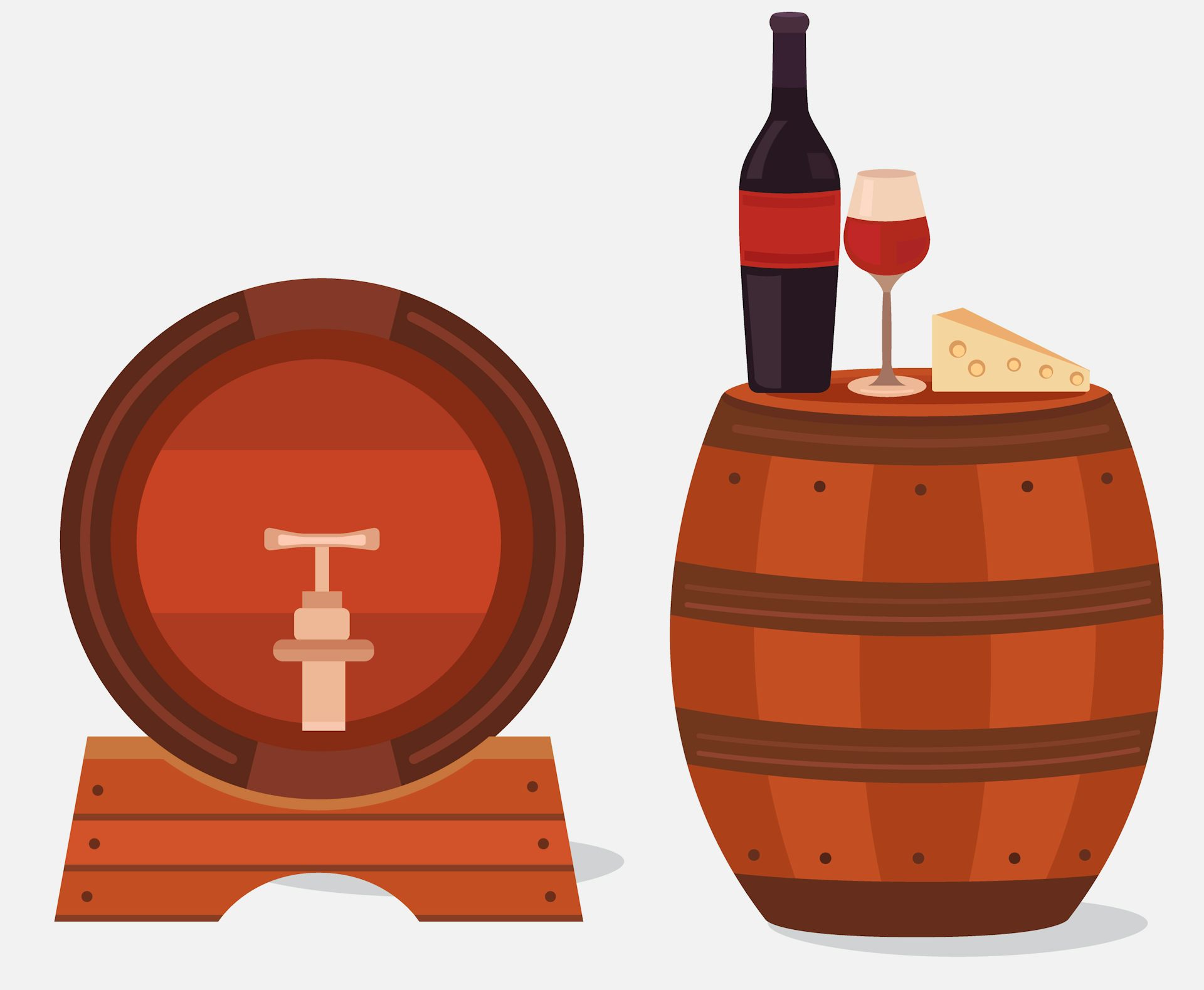 Illustration of two barrels of win with a bottle and glass standing on one.