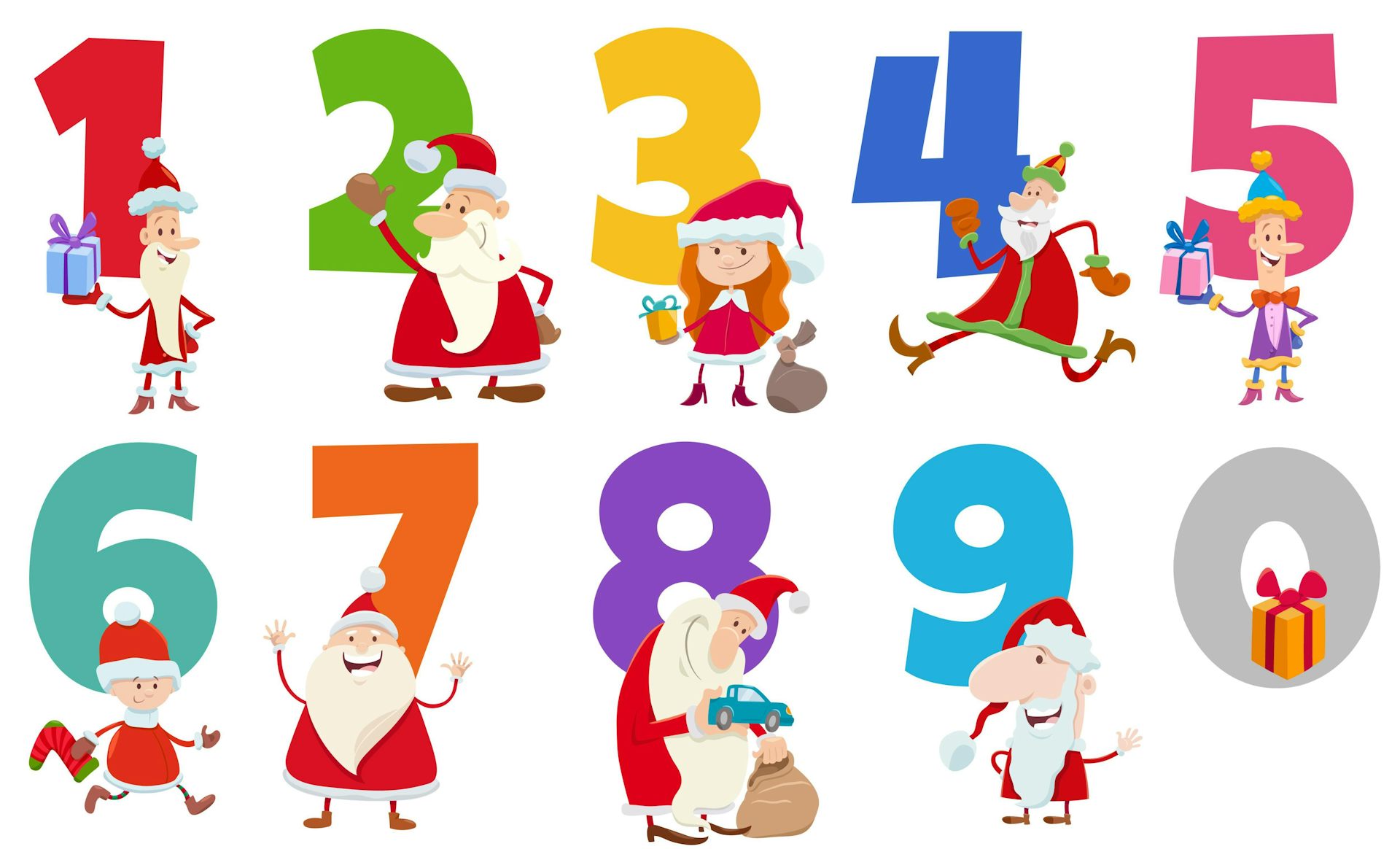 Numbers one to ten with Christmas figures.