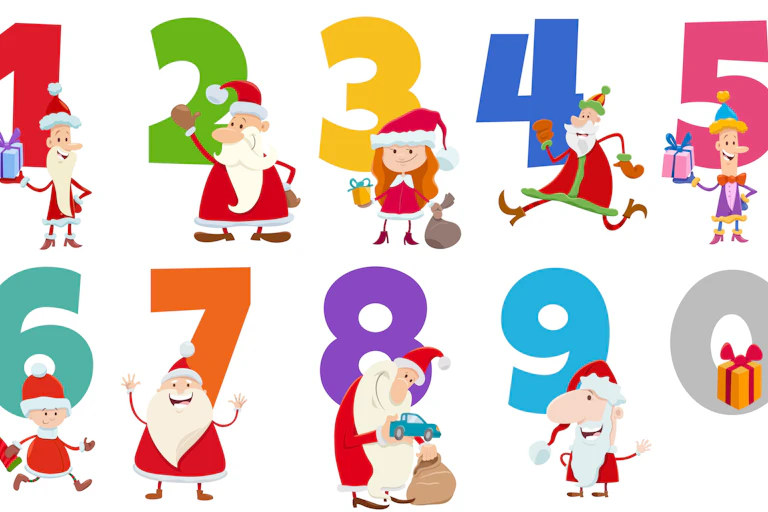 Numbers one to ten with Christmas figures.