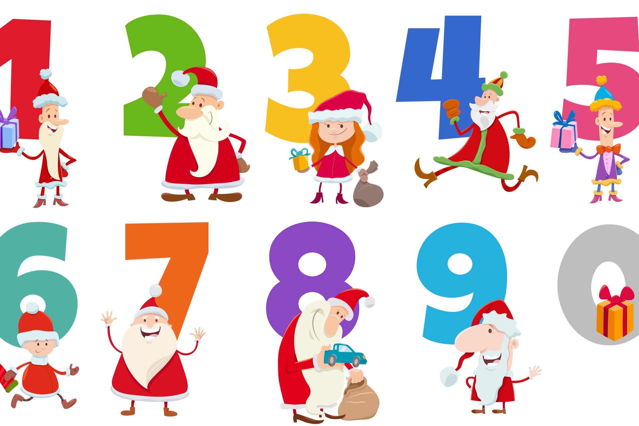 Numbers one to ten with Christmas figures.