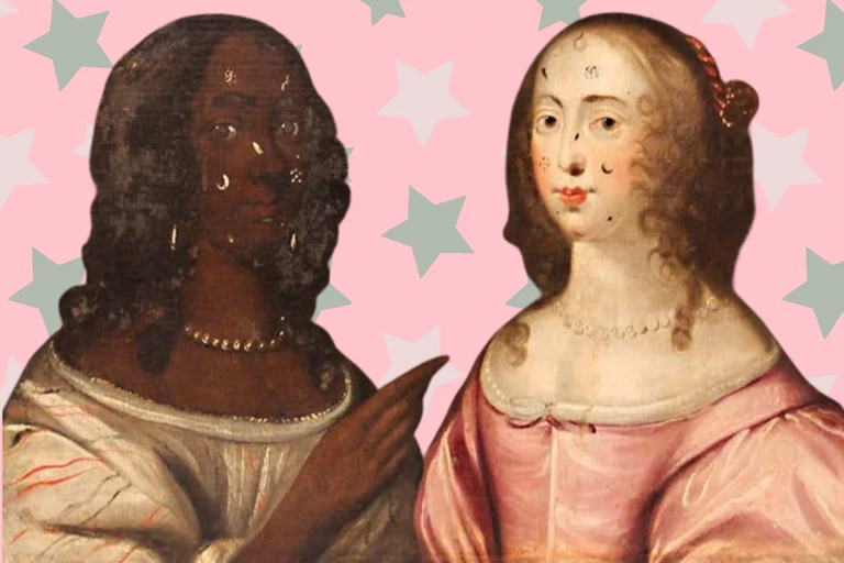 Painting of two women wearing patches