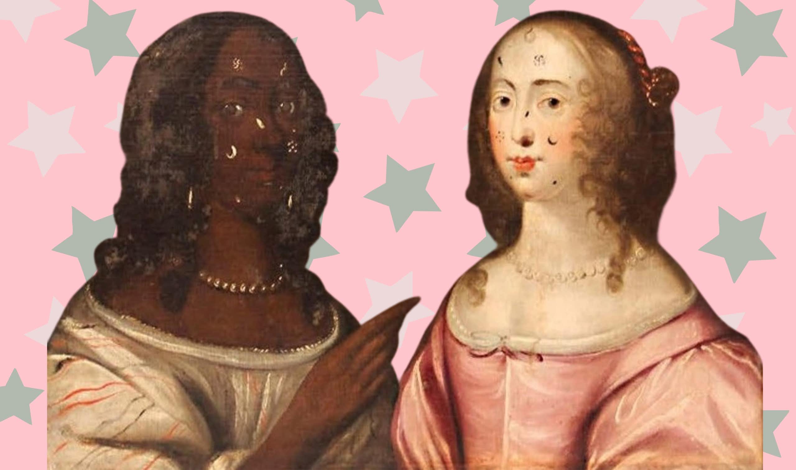 Painting of two women wearing patches