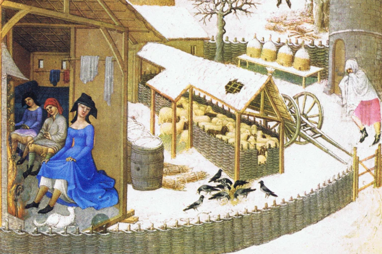 Une scène hivernale représentant trois femmes travaillant à l’intérieur d’un abri recouvert de neige.