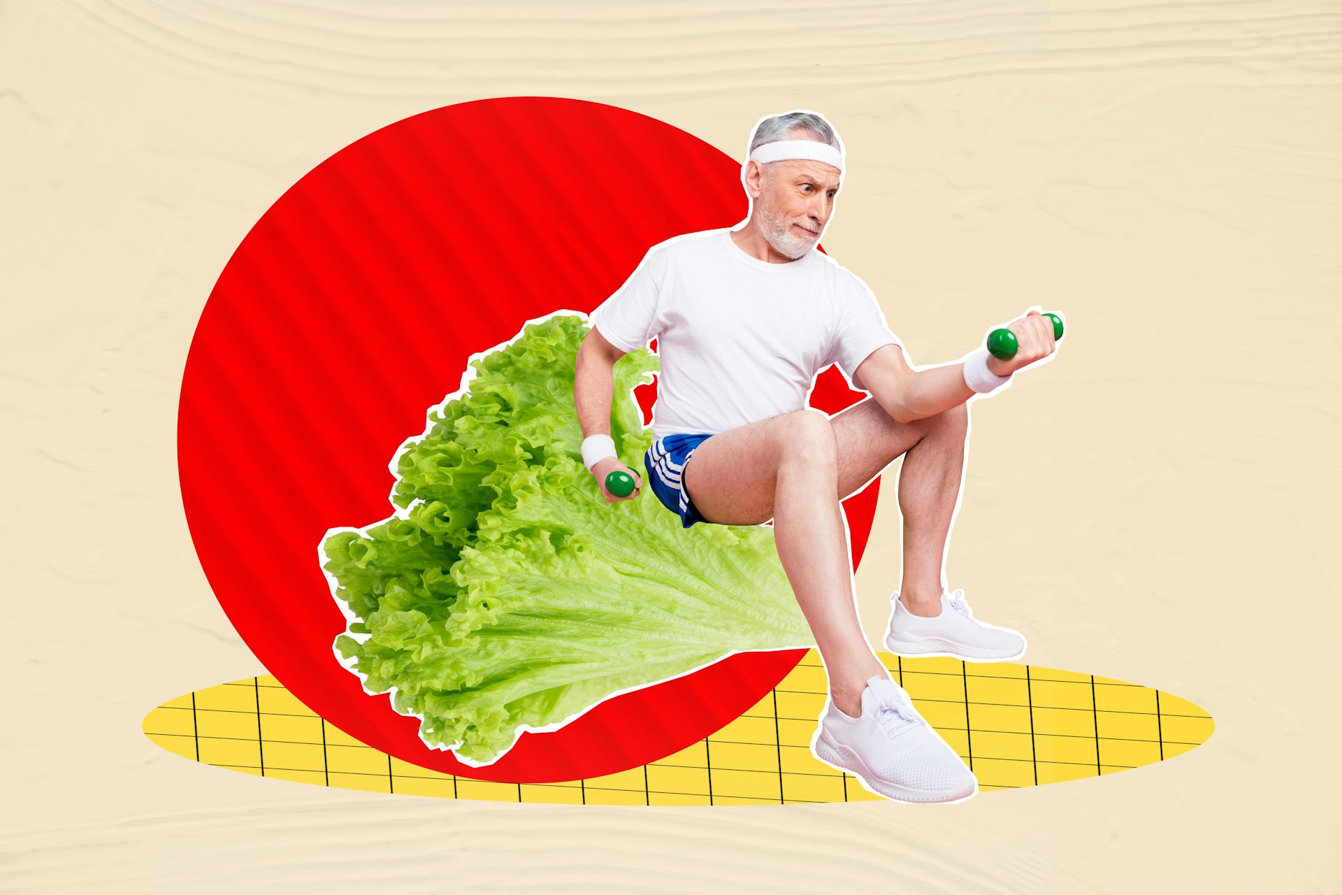 Collage que muestra a un hombre haciendo ejercicio rodeado de alimentos sanos.