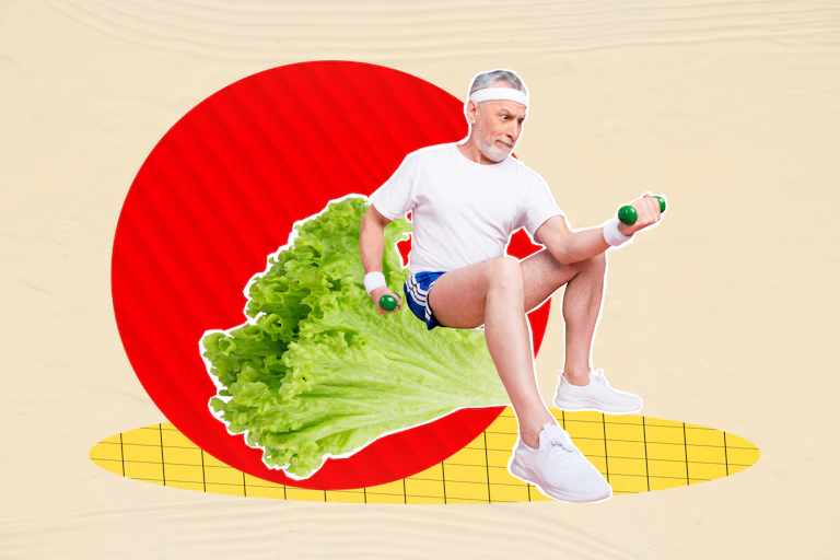 Collage que muestra a un hombre haciendo ejercicio rodeado de alimentos sanos.
