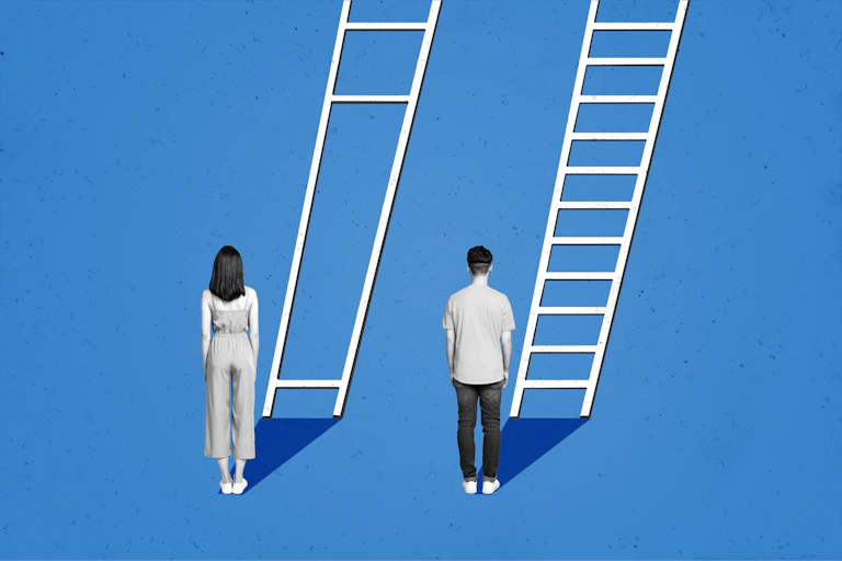 Collage illustration of a man and woman looking up at two ladders, one of which has fewer rungs and is more difficult to climb
