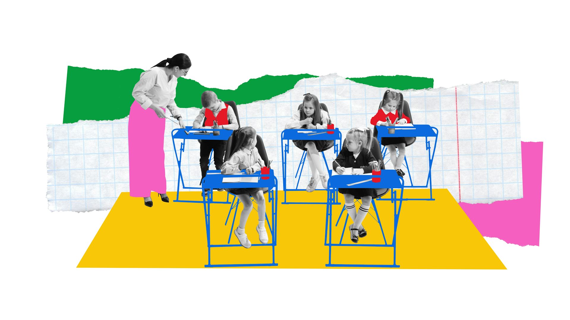 Collage donde se ve un aula con niños.