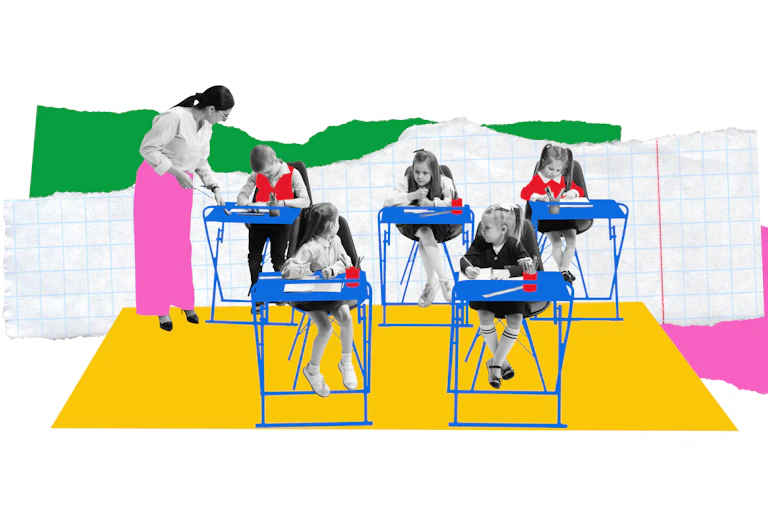Collage donde se ve un aula con niños.