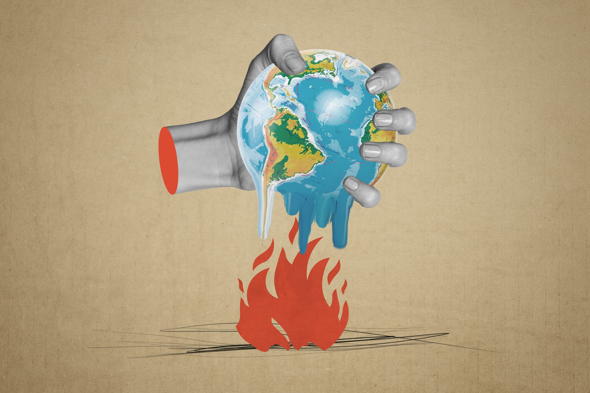 Una mano agarra una bola del mundo al que están derritiendo unas llamas.
