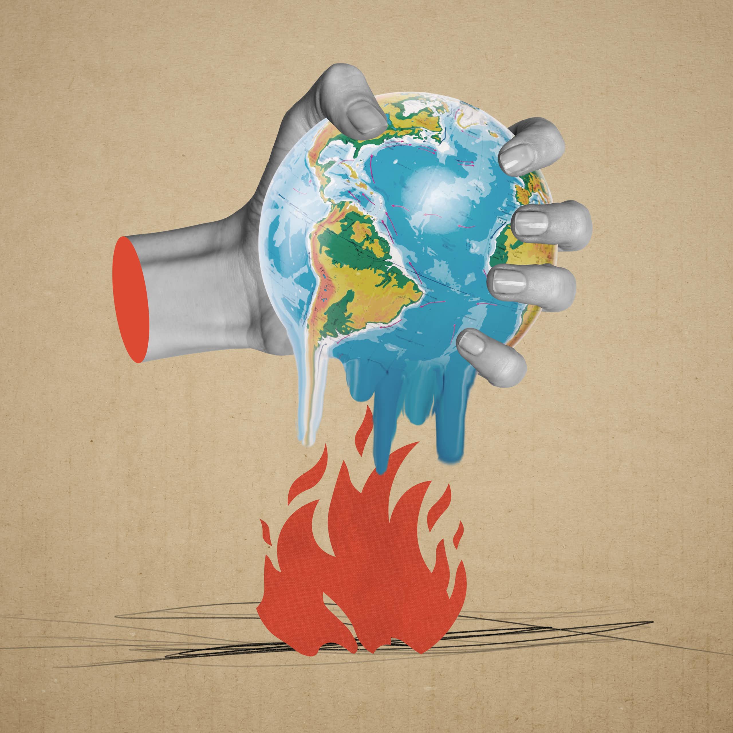 Una mano agarra una bola del mundo al que están derritiendo unas llamas.