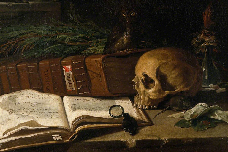 Nature morte avec un crâne et un livre de médecine. Peinture à l’huile d’un peintre italien, 1766.