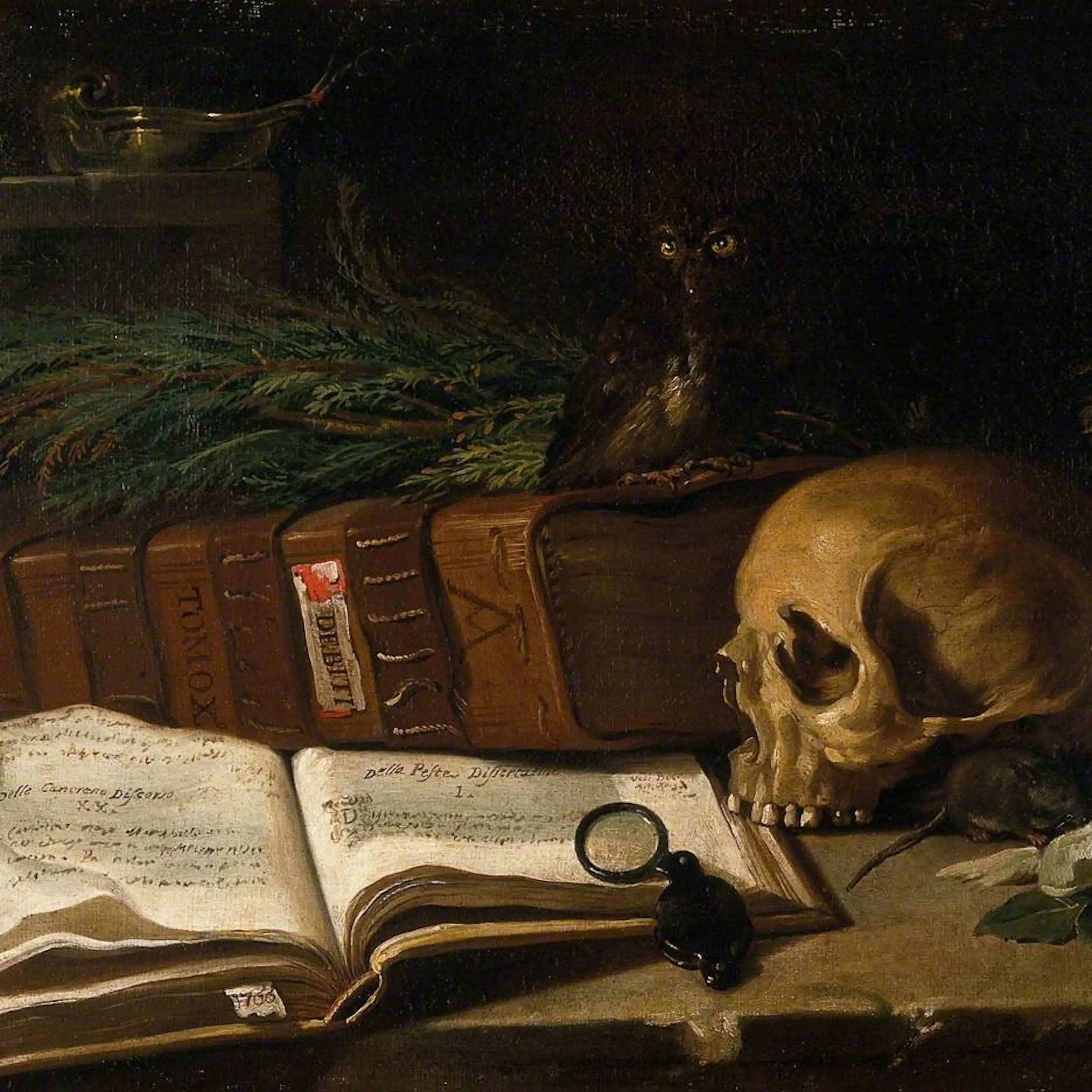 Nature morte avec un crâne et un livre de médecine. Peinture à l’huile d’un peintre italien, 1766.