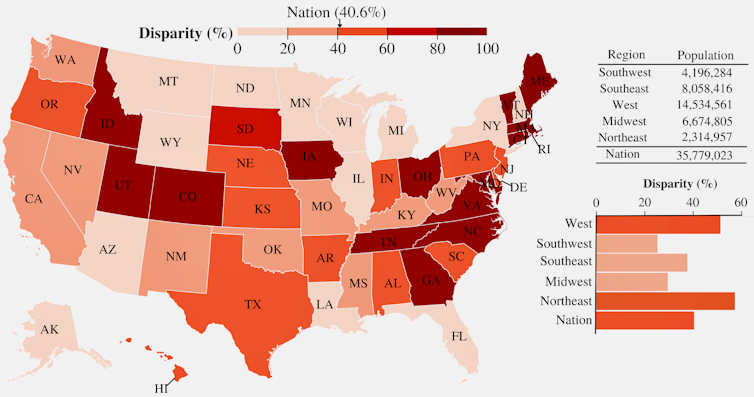 Um mapa mostra as maiores disparidades em Idaho, Utah, Colorado, Iowa, Ohio, Tennessee, Geórgia, Carolina do Norte, Virgínia, Maine, Massachusetts e Vermont.