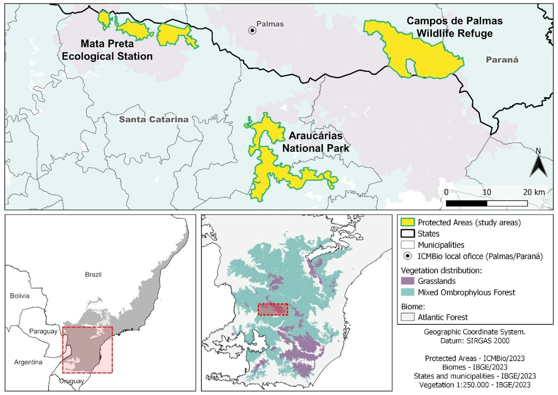 Mapa mostra as localizações das três Unidades de Conservação estudadas