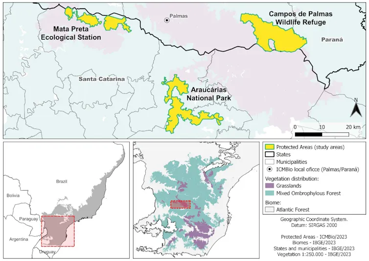 Mapa mostra as localizações das três Unidades de Conservação estudadas