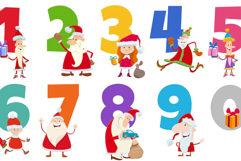 Numbers 0 to 9 with cartoon Santas