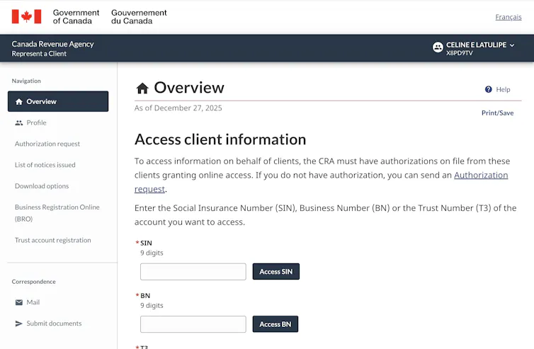 Landing page contains a menu at the left with options: Overview, Profile, Authorization request, List of notices issued, Download options, etc. On the right is the heading 'Overview'. Text beneath explains how to access client information.