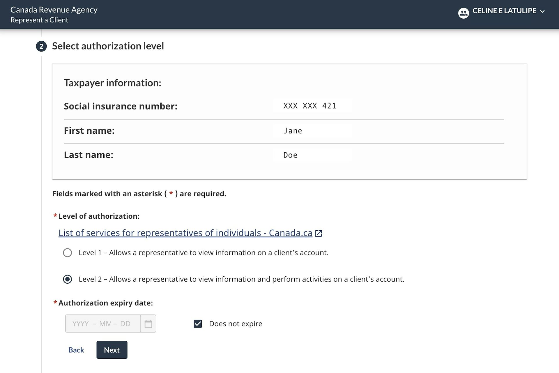 La interfaz de solicitud de acceso, en el paso 'seleccionar nivel de autorización'. El nivel 1 permite al representante ver información sobre el cliente, mientras que el nivel 2 le permite al representante ver información y realizar acciones en nombre del cliente.