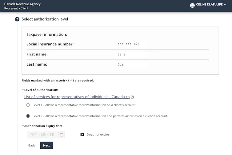 The interface for requesting access, on the 'select authorization level' step. Level 1 allows a representative to view client information, while Level 2 allows a representative to view information and perform actions on behalf of a client.