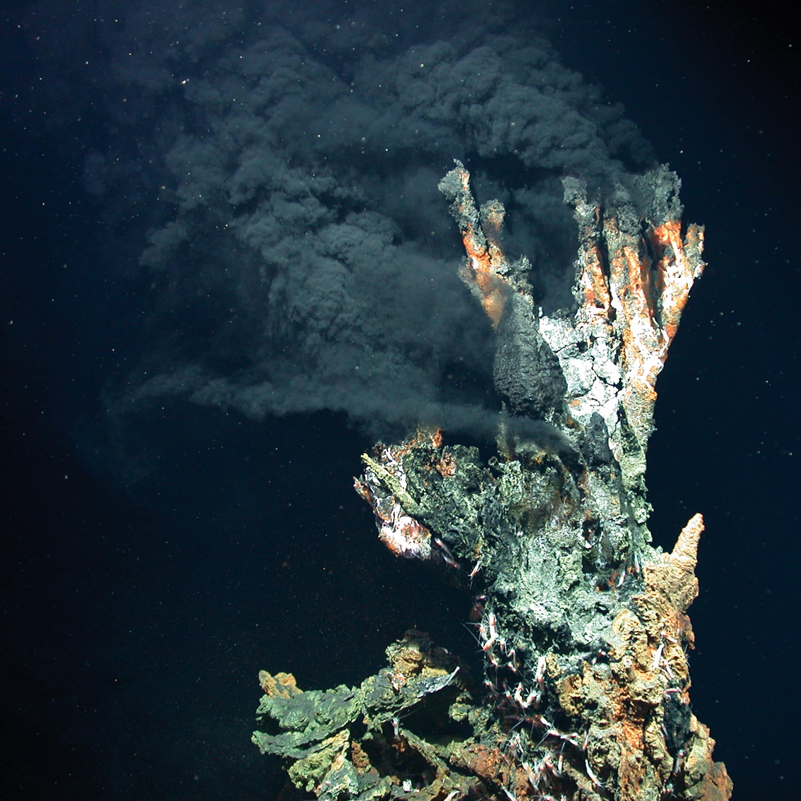 black smoke emitted from a rock formation underwater