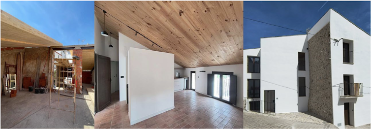 Tres imágenes que muestran la construcción de una vivienda y esta terminada con paneles de madera en el techo