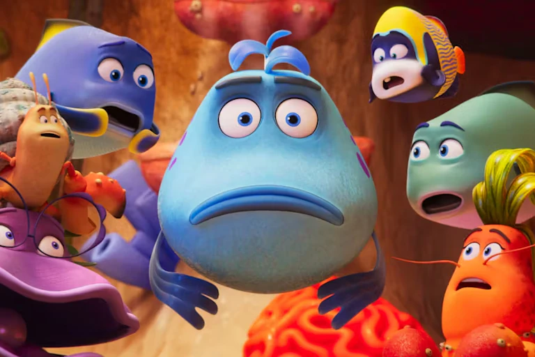 Film still: fish look at the camera.