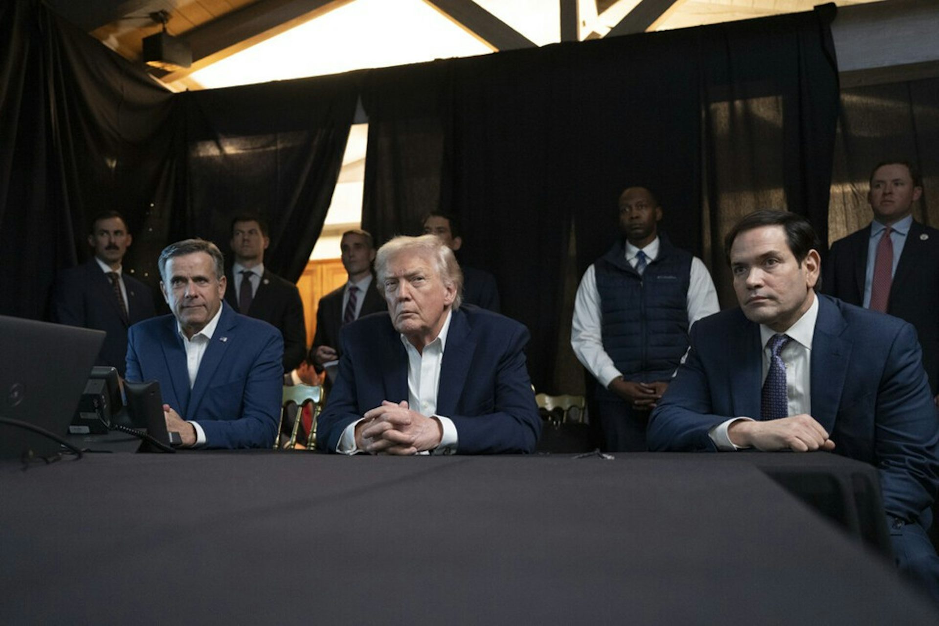 Donald Trump, John Ratcliffe and Marco Rubio watch a feed of US forces capturing Maduro.