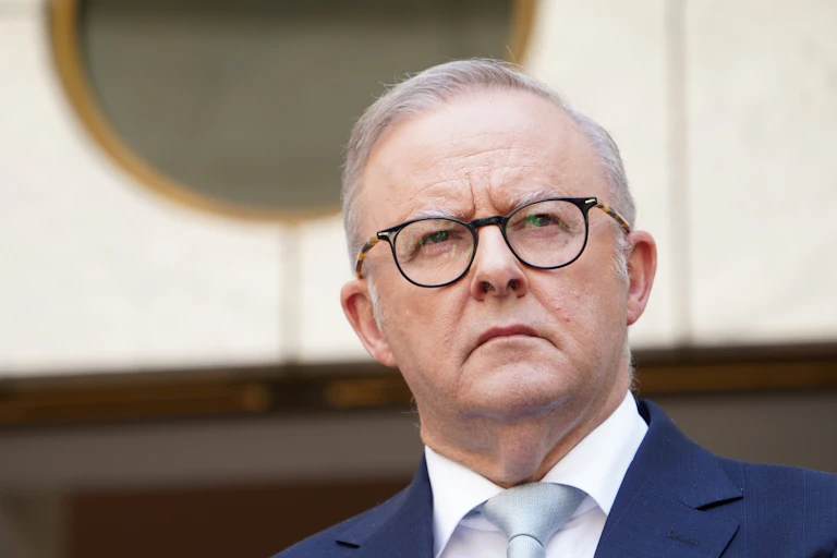 Anthony Albanese frowns in the right corner of the frame