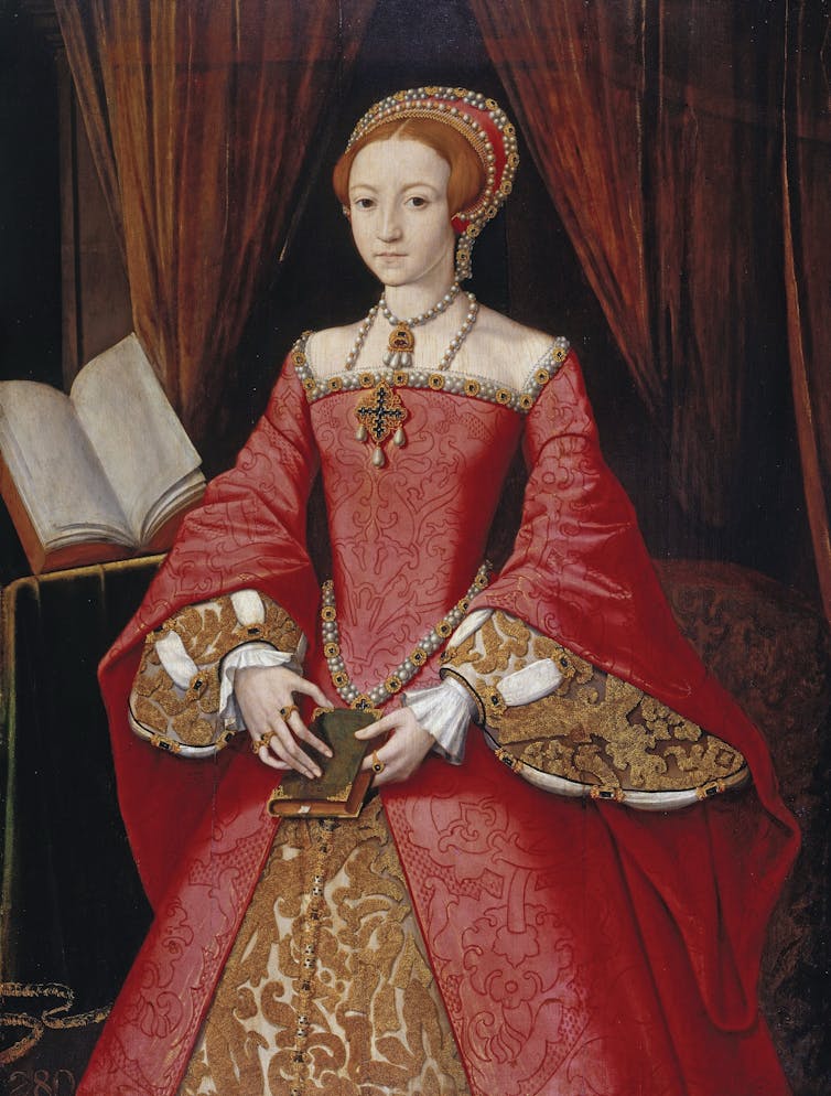 Oil painting: a young Elizabeth in a red dress.
