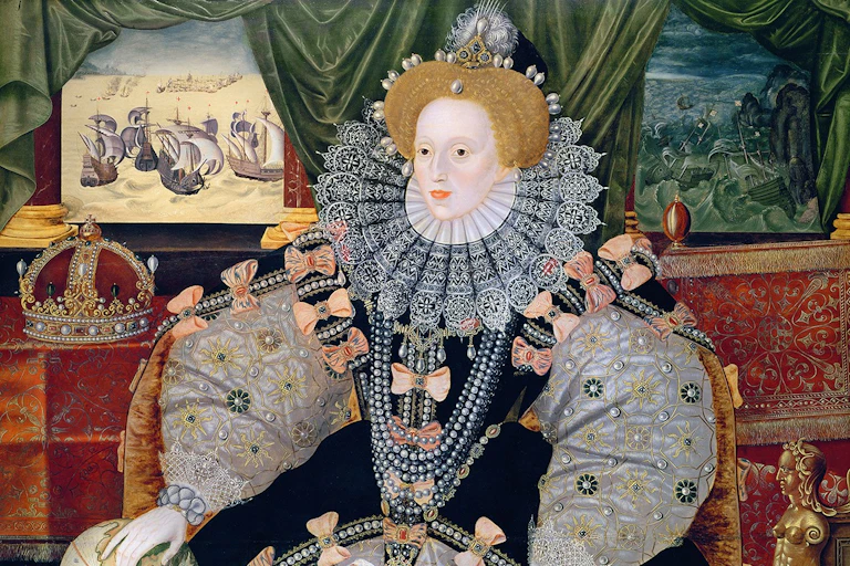 The queen in an ornate ruff.