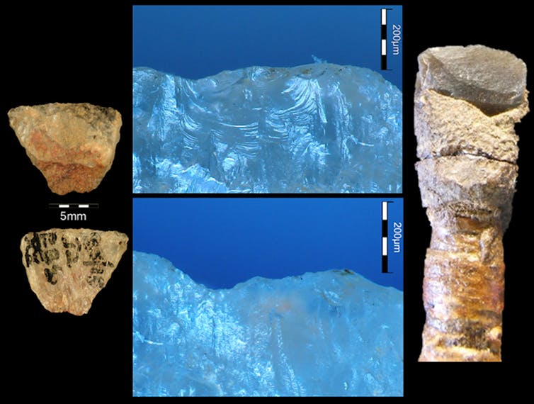 Stone blades and blue images with white markings