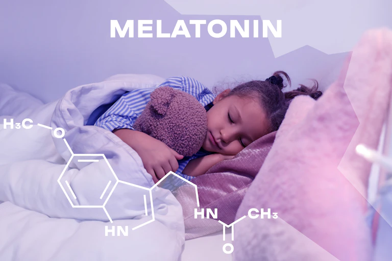 Little girl with toy bear sleeping in bedroom with 'MELATONIN' above