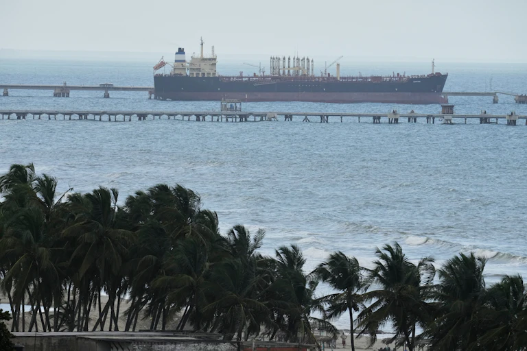 Palm trees in the foreground as an oil tanker sits docked at a por