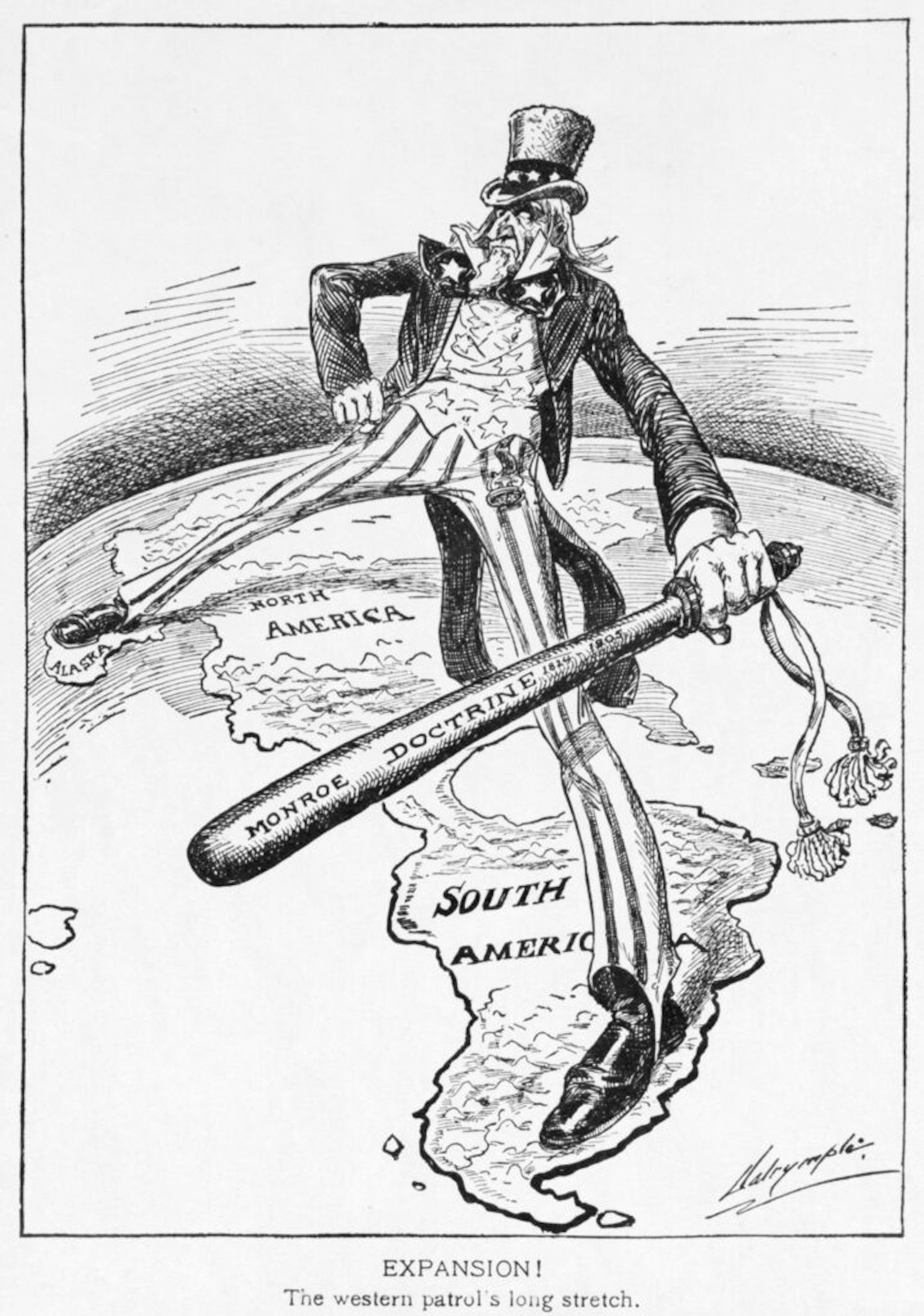 Cartoon of Uncle Sam Straddling the Americas.