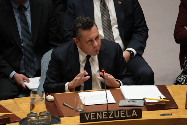 Permanent Representative of Venezuela to the United Nations, Samuel Moncada speaks during the United Nations Security Council meeting at UN headquarters in New York, New York, USA, 05 January 2026. The United Nations Security Council is holding an emergen
