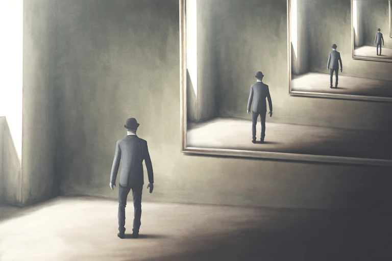 The back of a man in a suit staring at himself in a succession of mirrors