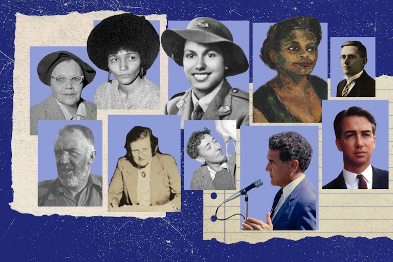A collage of Australian's who helped improve race relations on a blue background