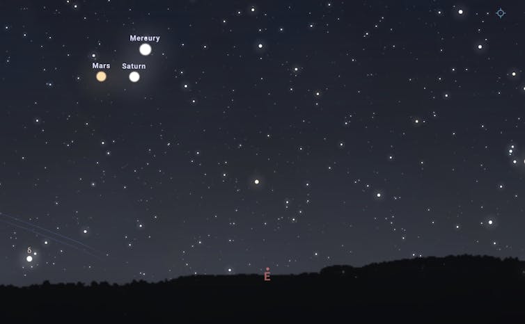 A simulated view of the night sky with three planets clustered together.