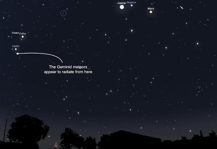 Stars above the horizon, showing two labelled Castor and Pollux